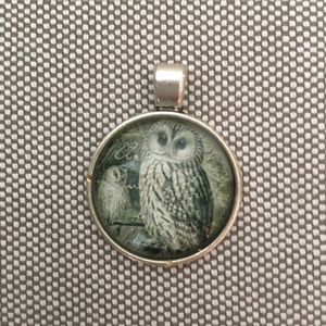 Owl Cabochon Glass Pendant Silver Tone